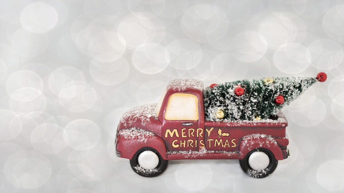 red cartoon lorry on white sparkly background