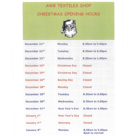 Christmas 2015 and New Year opening time at AWB Textiles